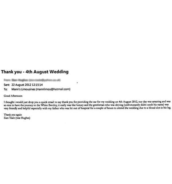 thank you for your wedding cars service email