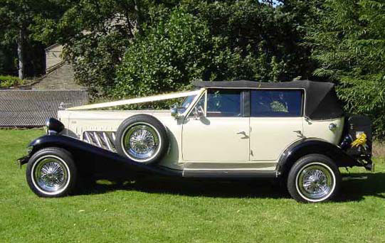 Ivory & Black Beauford Tourer with Black Hood (3) traditional car hire Ivory & Black Beauford Tourer with Black Hood Side View