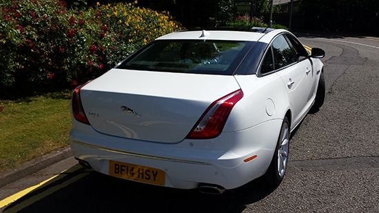 rear of Jaguar XJL for prestige wedding car hire birmingham