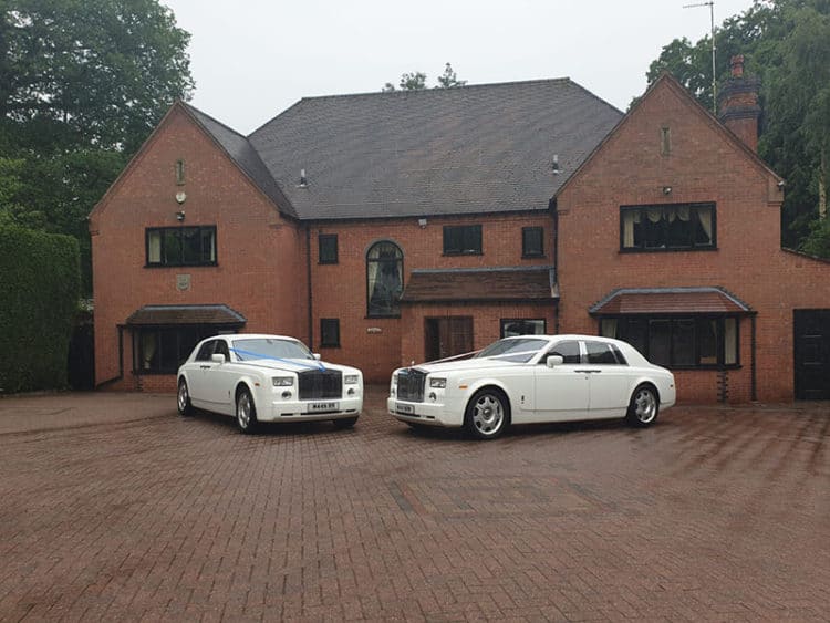 Matching White Rolls Royce Phantom prestige wedding car hire Birmingham with rolls royce phantoms