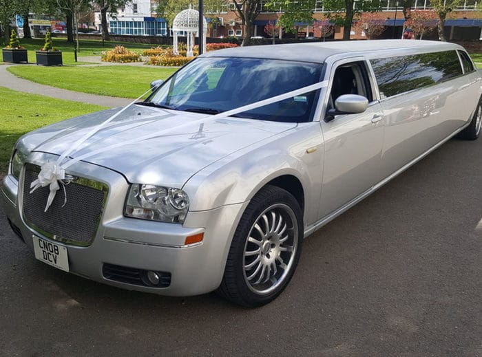 Silver Chrysler Limo for wedding car hire and limo hire Birmingham